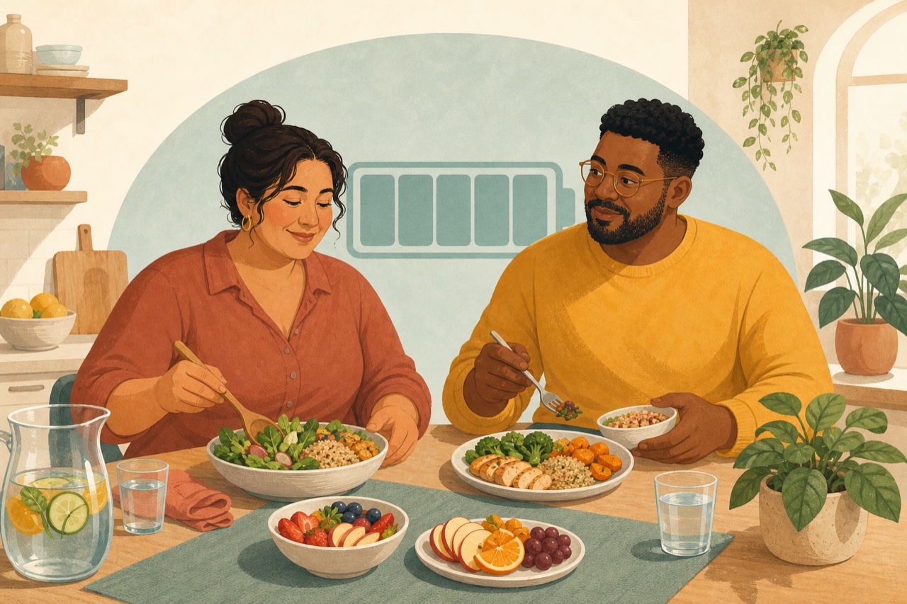 Two adults of different body sizes enjoying a varied meal with vegetables, grains, protein, fruit and water.