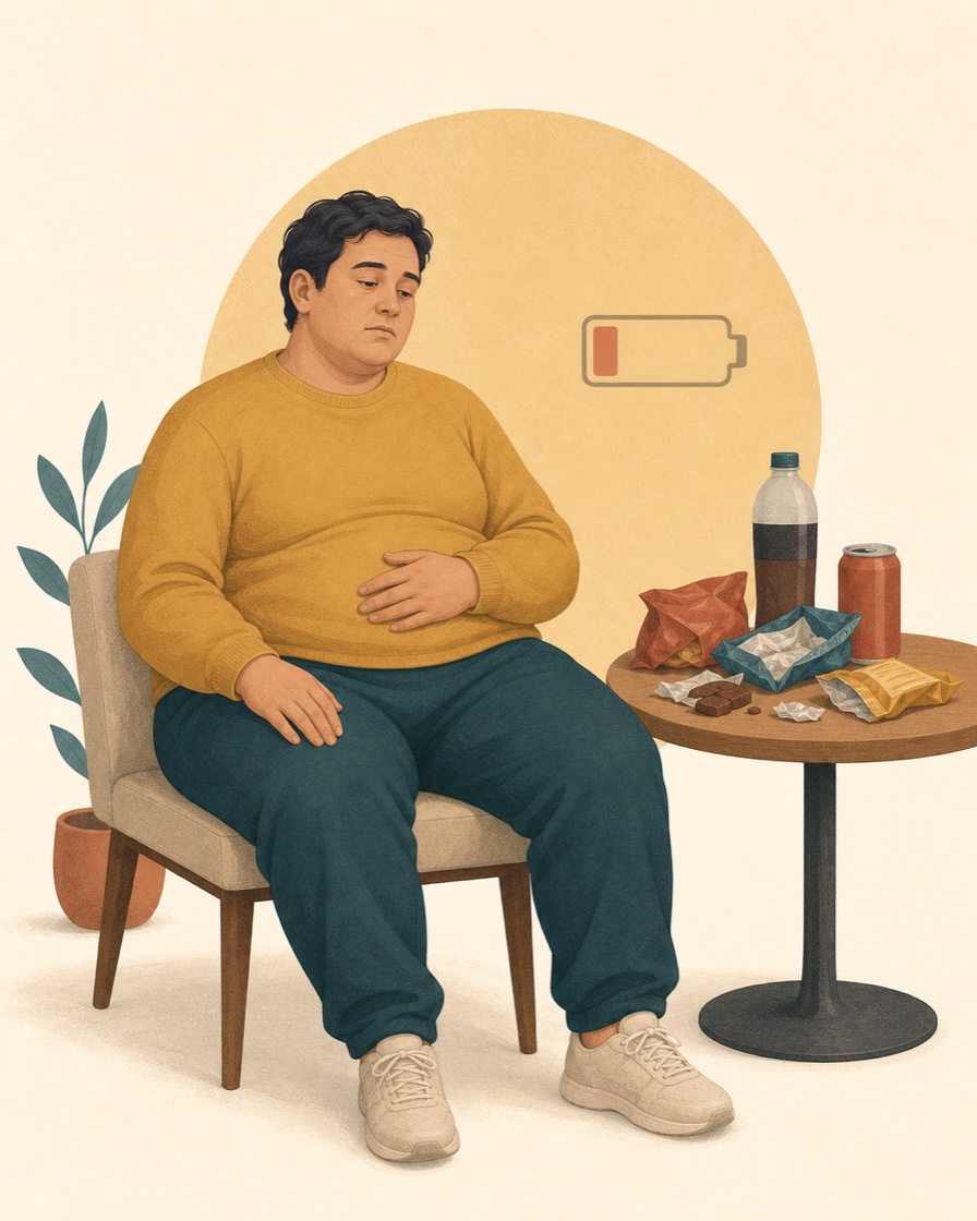 A larger adult sitting with low energy beside snack foods and a low battery symbol.