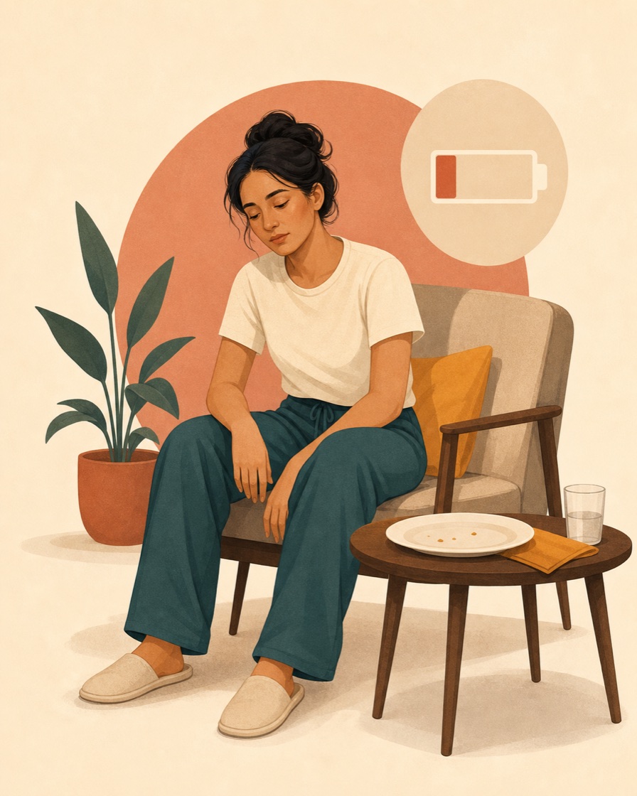 A slender adult sitting with low energy beside an almost empty plate and a low battery symbol.