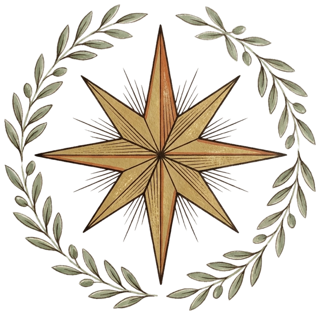 A gouache compass rose inside a laurel wreath — the Hair Compass AI emblem