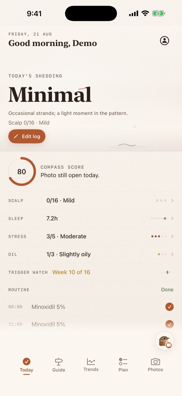 The Today screen: a serif 'Minimal' shedding readout, a copper Compass Score ring at 80, and a quiet ledger of scalp, sleep, stress, and routine entries